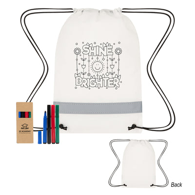 Lil' Bit Reflective Non-Woven Coloring Drawstring Bag With 4 Piece Washable Marker Set