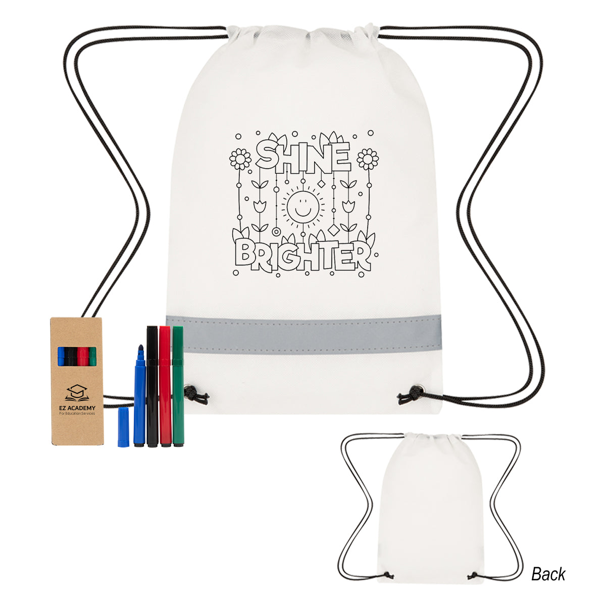 Lil' Bit Reflective Non-Woven Coloring Drawstring Bag With 4 Piece Washable Marker Set