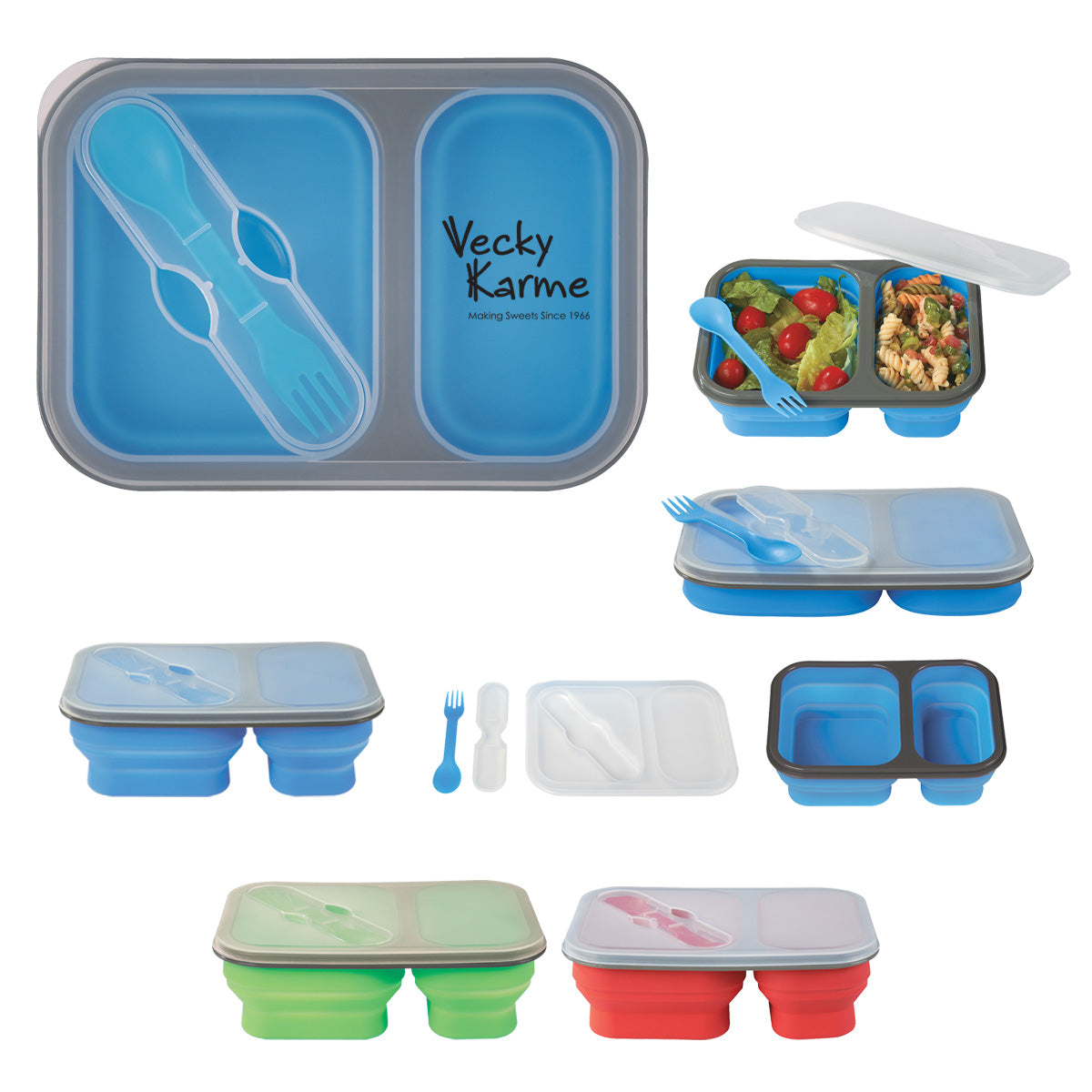 Collapsible 2-Section Food Container With Dual Utensil