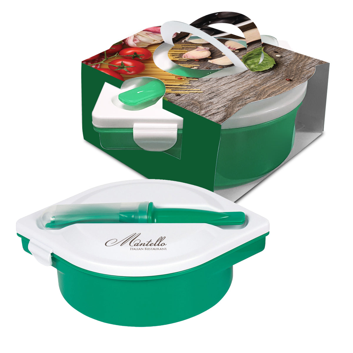 Multi-Compartment Food Container And Utensils With Custom Handle Box