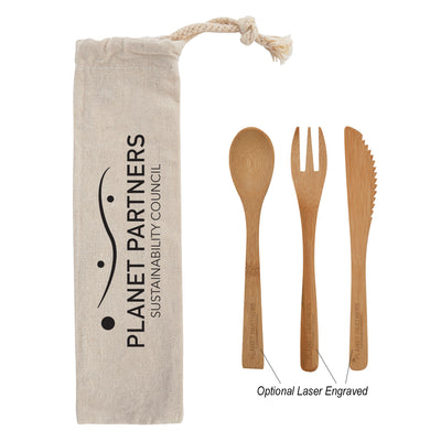 3 Piece Bamboo Utensil Set In Travel Pouch