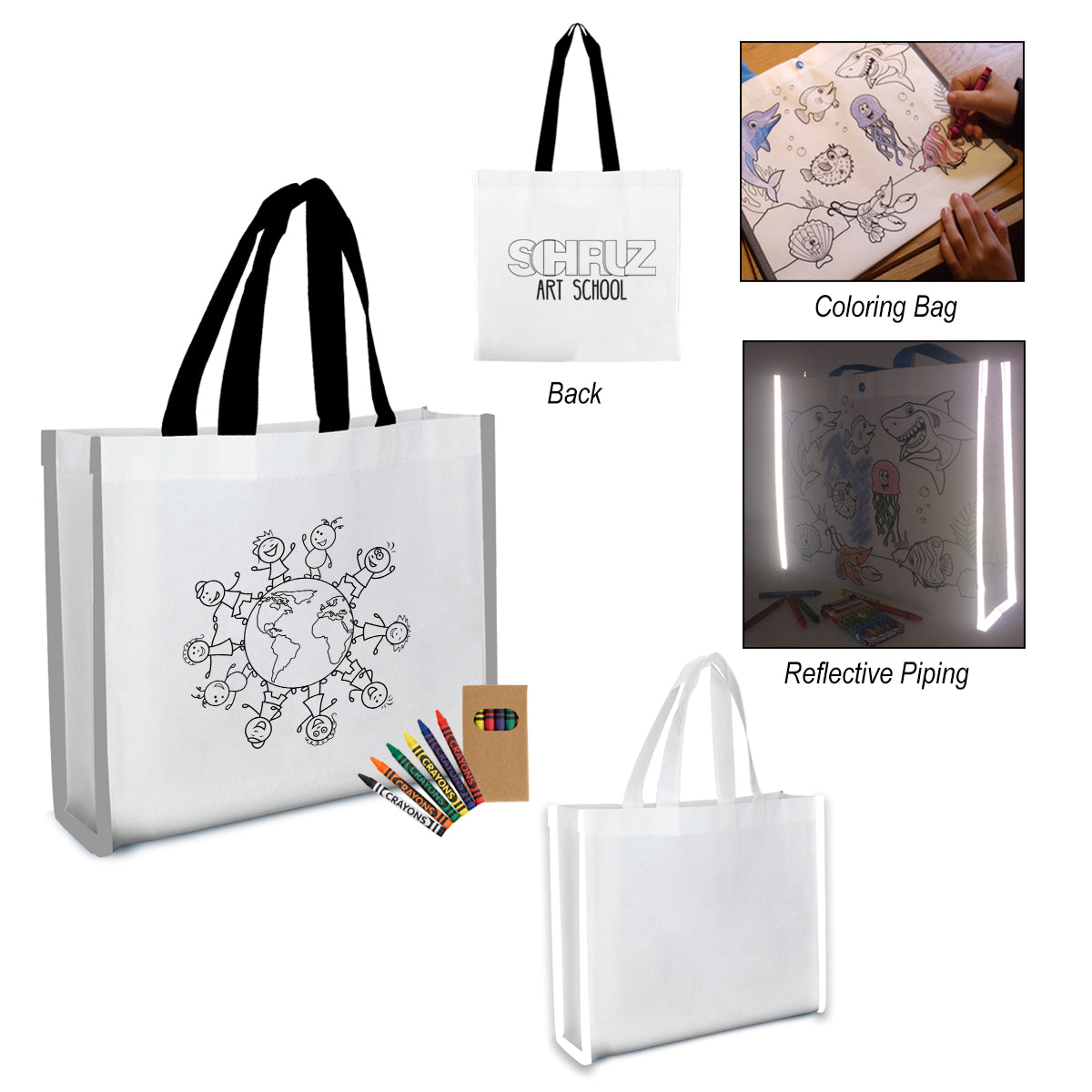 Reflective Non-Woven Coloring Tote Bag With Crayons