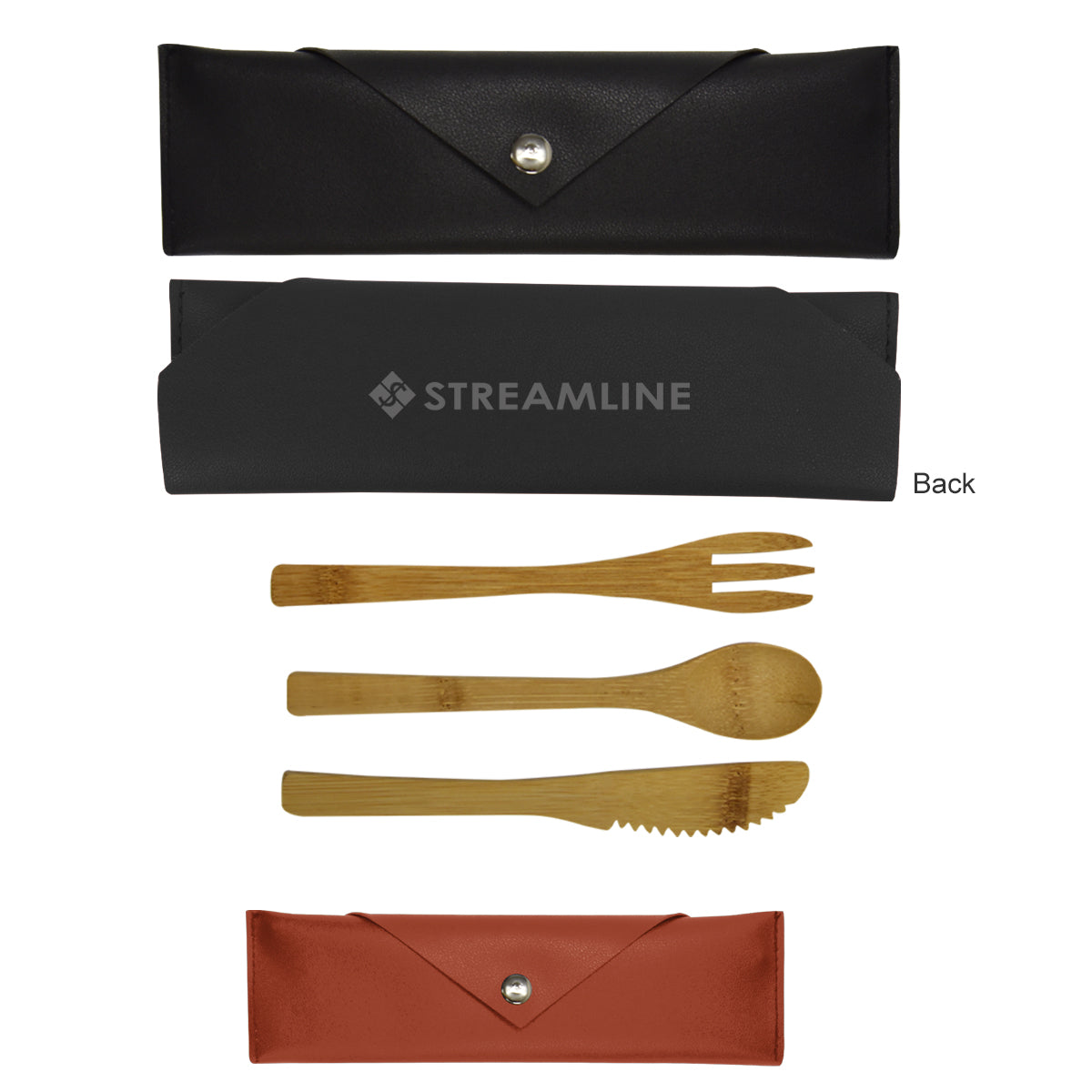 3 Piece Bamboo Utensil Set In Leatherette Pouch