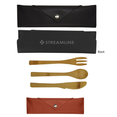 3 Piece Bamboo Utensil Set In Leatherette Pouch